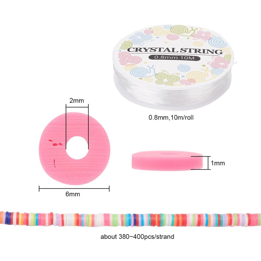 Size chart for the rainbow polymer clay disc beads and matching elastic cord