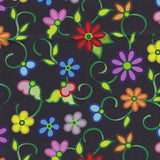 Cotton Fabric Kokum Flowers 58" Black - Half Yard