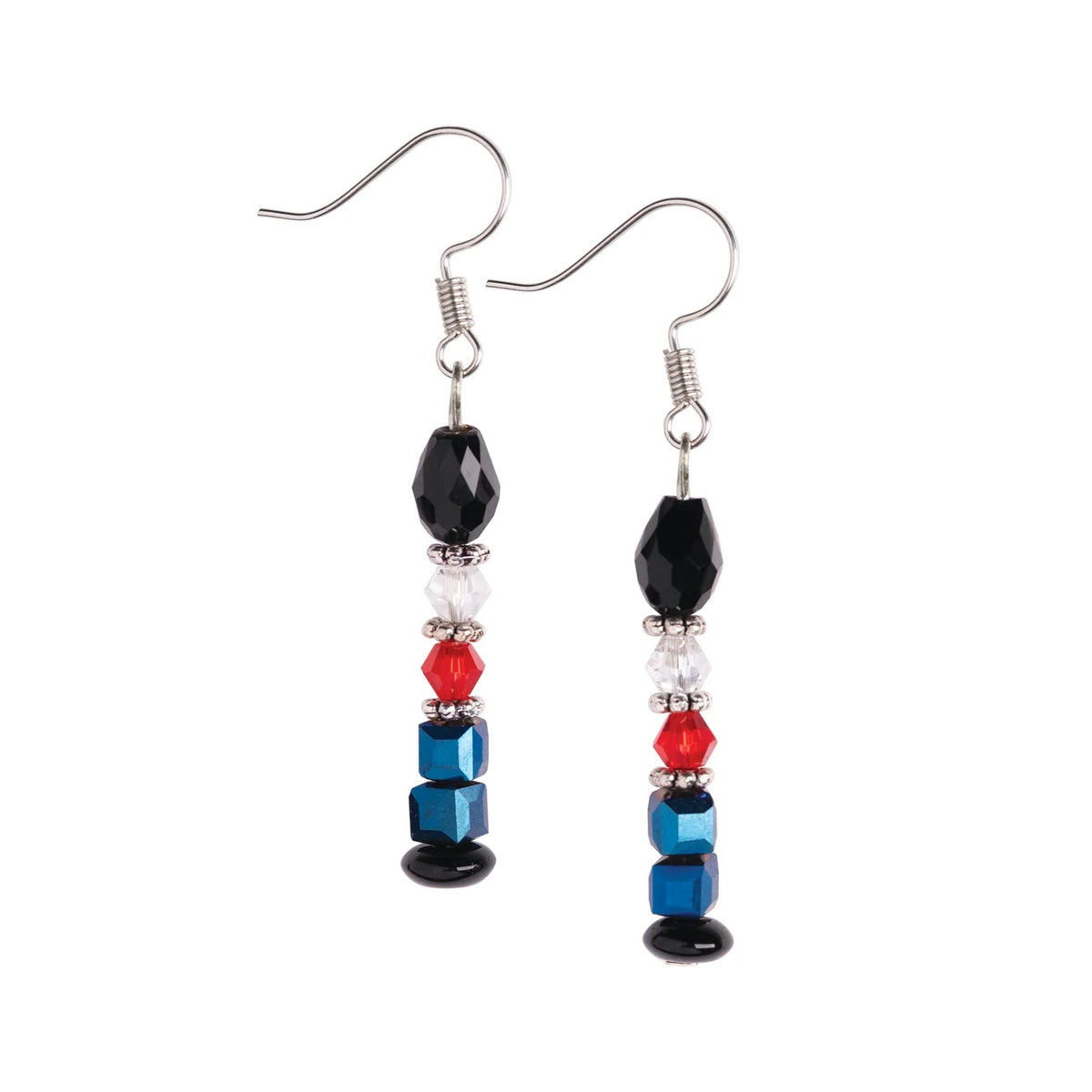 Close-up of the Toy Soldier earring pair with silver hooks and red and blue bead details