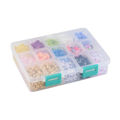 Open divided organizer containing pastel clay beads, letter beads, gold findings and elastic cord