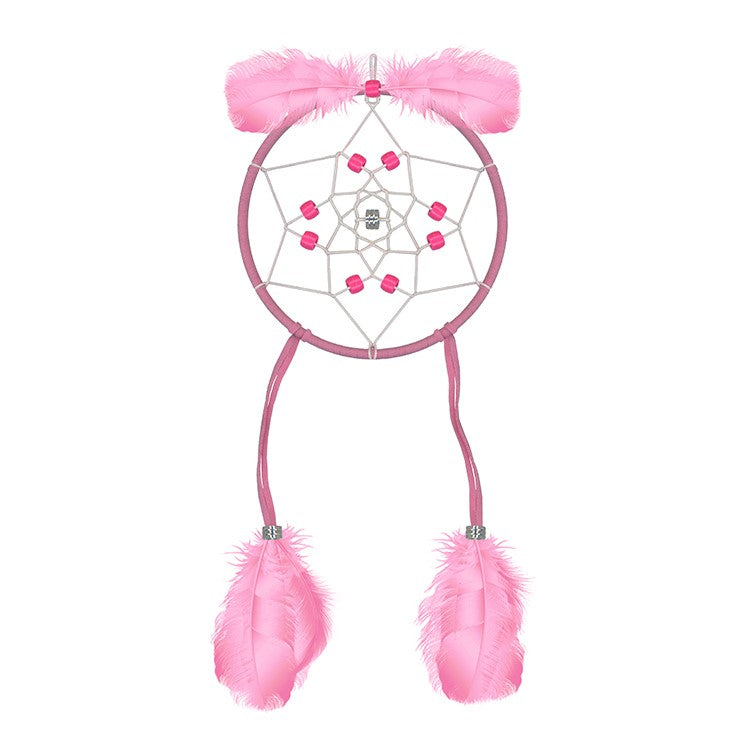 Finished pink dream catcher with white webbing, pink beads and fluffy feathers