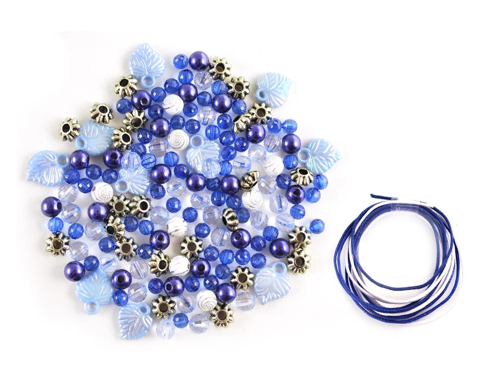 Loose royal blue and white beads with metallic spacers and blue jewellery cord from the Luxe kit