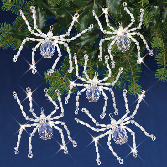 Solid Oak Nostalgic Christmas kit featuring Silvery Christmas Spider ornaments with beaded bodies and wire legs