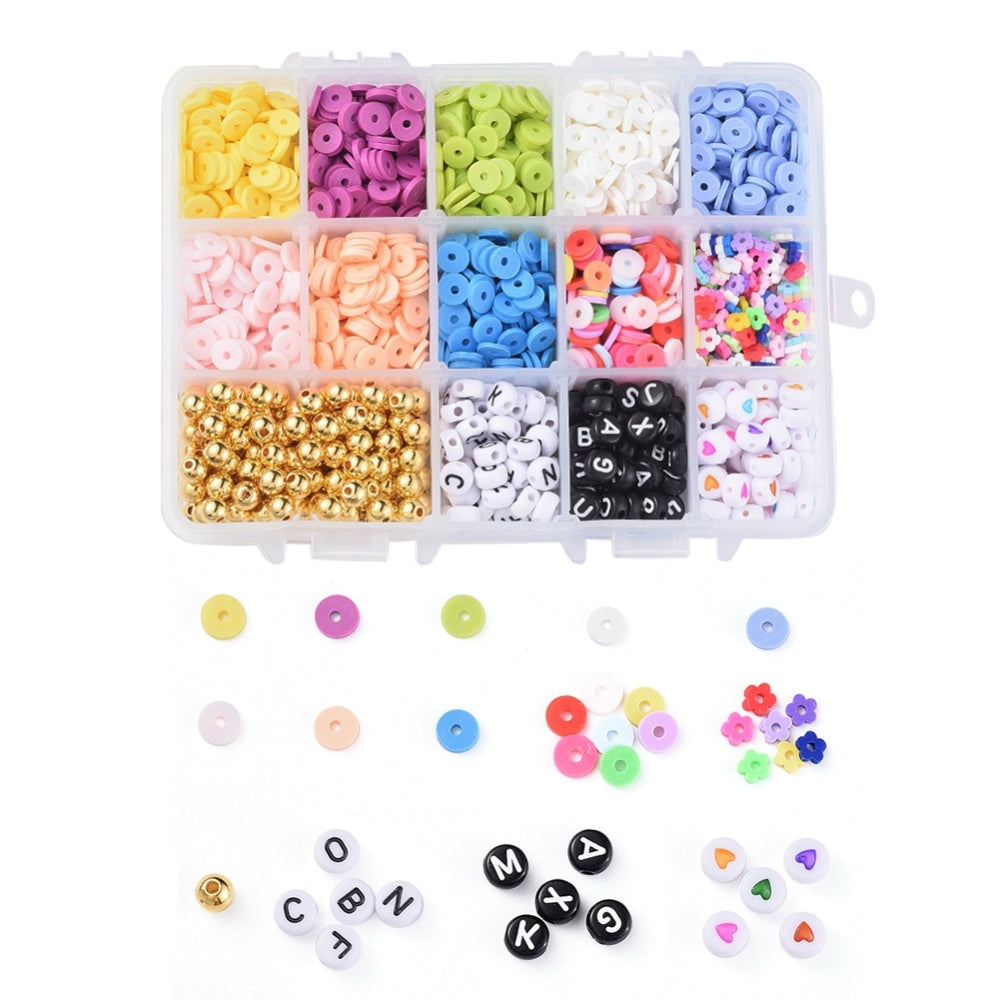 Polymer clay, alphabet and metallic bead kit in a storage box with colourful beads and charms