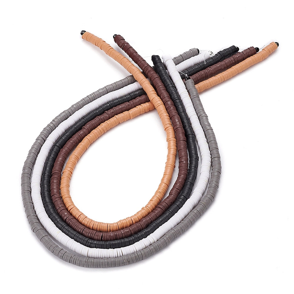Neutral polymer clay disc bead strands bent beside the included elastic cord