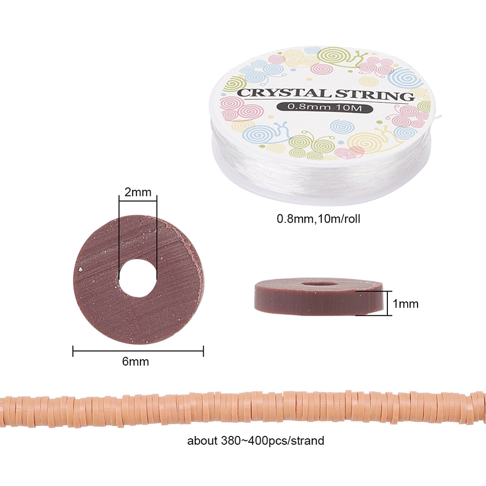 Size chart showing polymer clay disc beads, elastic string and roll measurements