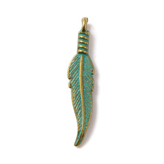 Feather Metal Charm 32x7mm Golden Green Patina 10/pk