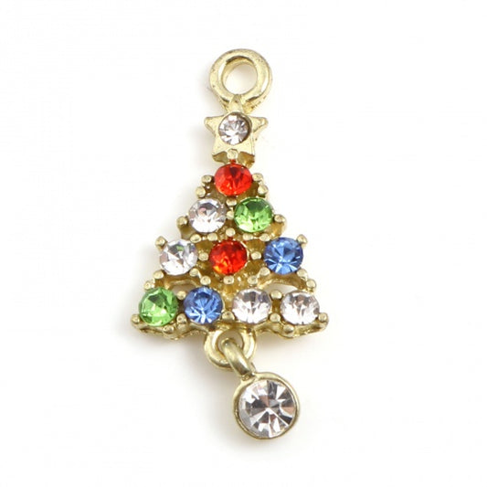 Christmas Tree Rhinestone Pendant 28x13mm Gold 2/pk