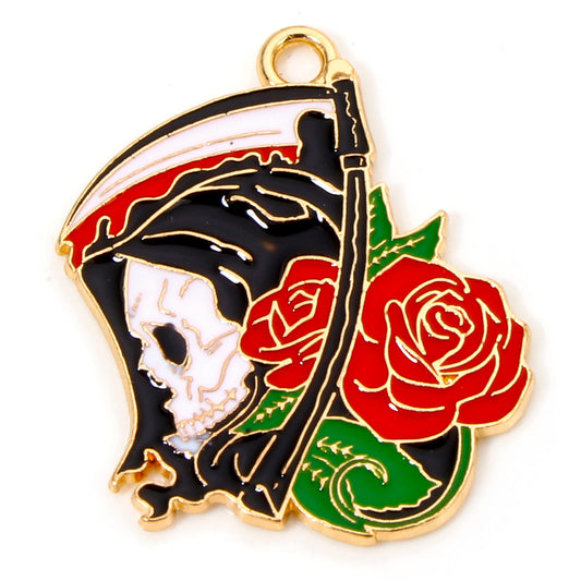 Grim Reaper & Rose Enamel Pendant 28x25mm 5/pk