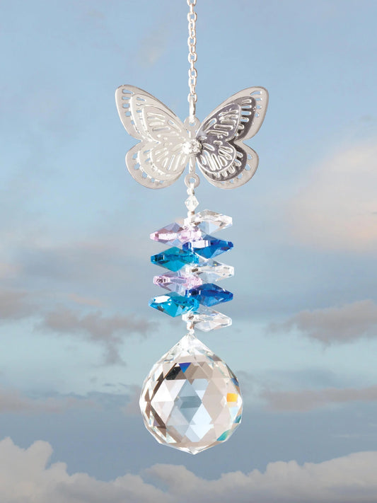 Butterfly crystal suncatcher ornament with a silver-coloured butterfly and rhinestone accent, faceted glass beads, and a clear teardrop prism hanging from a chain