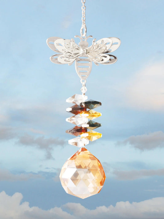 Finished honeybee crystal suncatcher with amber beads and a clear hanging crystal pendant