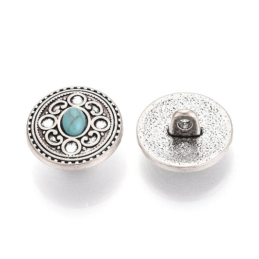 Shank Button 17mm Round Natural Turquoise & Antique Silver 5/pk