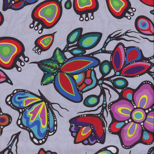 Memengwa Ojibway Florals #07 Silver 100% Cotton - Price Per Half Yard