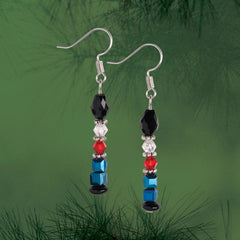 Finished Toy Soldier Christmas earrings with blue, red, black and silver stacked beads