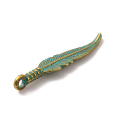 Feather Metal Charm 32x7mm Golden Green Patina 10/pk