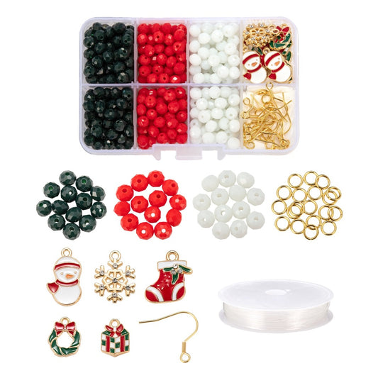 Christmas bracelet and earring kit with red, green, black and white beads in a divided case