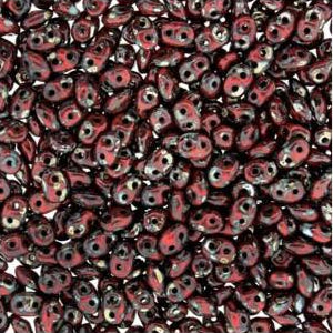 *Czech Miniduo Beads Coral Red Picasso 8g