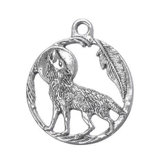 1"  Howling Wolf Round Metal Pendant 5/pk