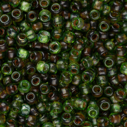 11/0 Toho Seed Beads #Y318F Transparent Frosted Peridot Picasso 8-9g Vial